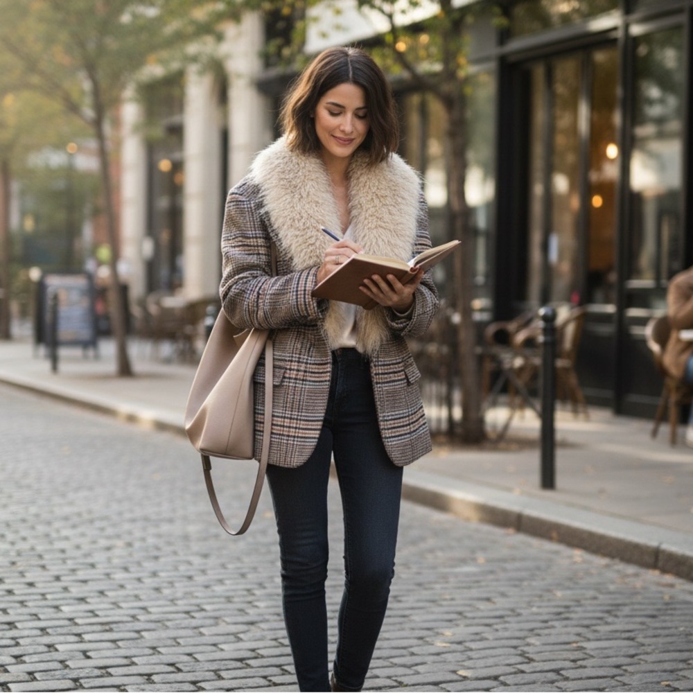 MADE IN ITALY -Brand MOTEL-  Plaid Blazer with Faux Fur Collar